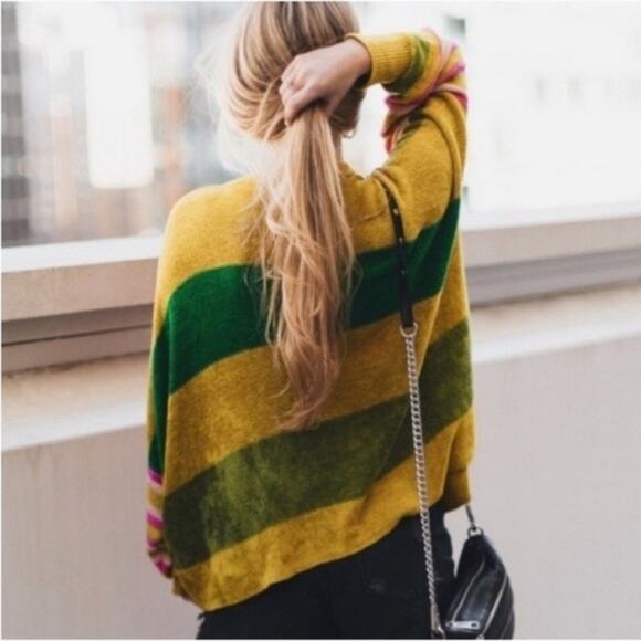 Free People All About You Stripe Chenille Sweater Multi Green Pink XS Oversized - Picture 4 of 16